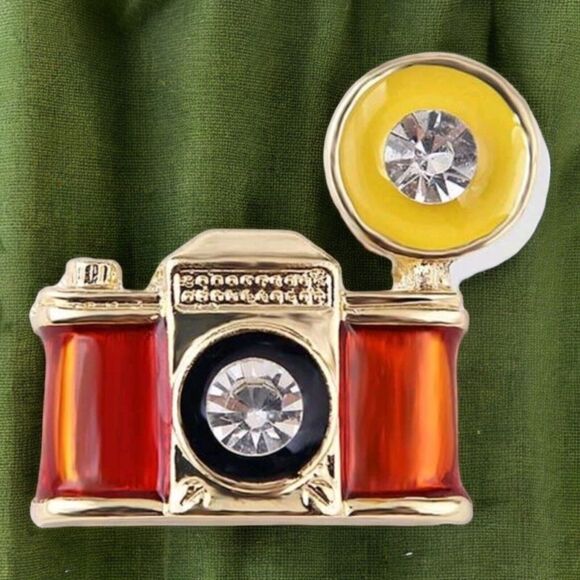 Retro Brooch Vtg Photo Camera Pin Flash Bulb Orange Enamel Rhinestone Gold Tone - Picture 4 of 12